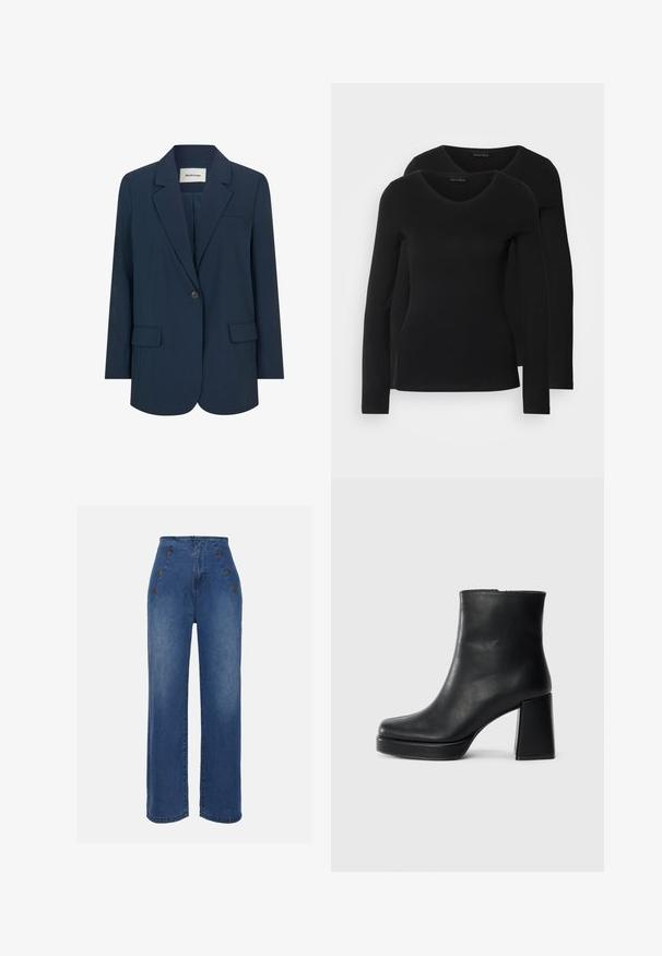 Mørkeblå blazer lavet af glat stof, med enkelt knaplukning, klapkrave og to forlommer. Struktureret og skræddersyet design.; To sorte langærmede t-shirts med V-hals-design, lavet af blødt, strækbart stof, som viser en glat tekstur og en tætsiddende pasform.; Højtaljede denimjeans i mellemblå. Har frontknapdetaljer og bred benlængde. Stoffet har en glat tekstur med let falmning.; Sort læder ankelstøvle med blokhæl og platformssål, set fra siden på en ensfarvet hvid baggrund.