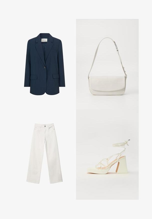Mørkeblå blazer lavet af glat stof, med enkelt knaplukning, klapkrave og to forlommer. Struktureret og skræddersyet design.; Hvid ærmeløs top med rund halsudskæring. Lavet af glat stof, har den en afslappet pasform og minimalistisk design. Ingen mønstre eller accenter.; Hvide bukser med vidde lavet af denim, med høj talje, fem lomme-design og metalknaplukning. Glat tekstur, ingen mønstre.; Hvide højhælede sandaler med en kraftig hæl, der har et stropdesign og ankelbinding. Glat tekstur med en platform foran for ekstra højde.; Hvid læder skuldertaske med glat finish, rektangulær form, klaplukning og justerbar rem. Enkel syning detaljer.