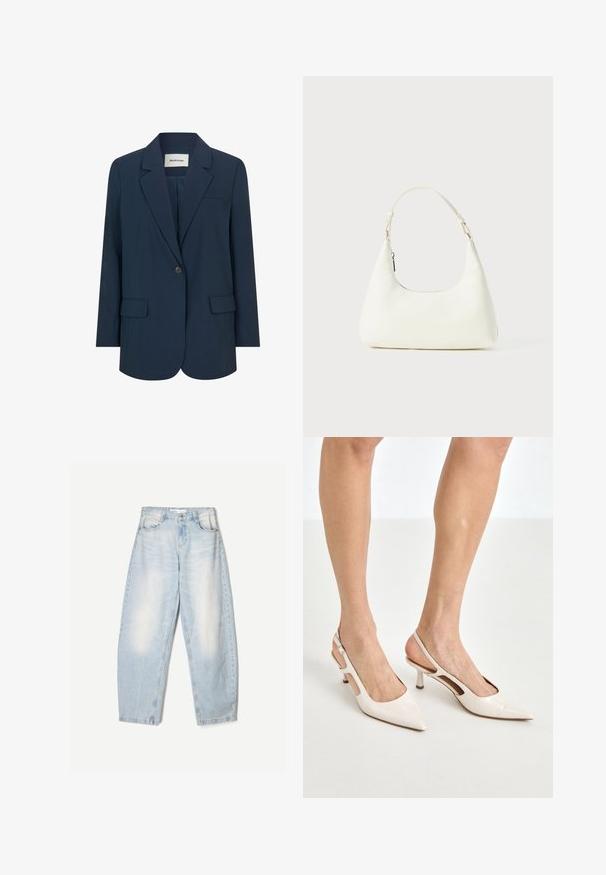 Blazer blu navy scuro realizzato in tessuto liscio, con chiusura a un bottone, revers a punta e due tasche frontali. Design strutturato e su misura.; Top corto in pizzo azzurro chiaro con sottili spalline, dotato di un orlo in pizzo ondulato e un motivo floreale, progettato per una silhouette aderente.; Jeans in denim azzurro chiaro con una vestibilità ampia, caratterizzati da una finitura sbiadita, due tasche frontali e una chiusura con bottone in vita.; Tacchi slingback in pelle lucida beige con punta affusolata e tacco di 5 cm, caratterizzati da lati traforati e una sottile fascia alla caviglia.; Piccola borsa a spalla bianca con una singola tracolla regolabile e chiusura a zip, su uno sfondo bianco uniforme.