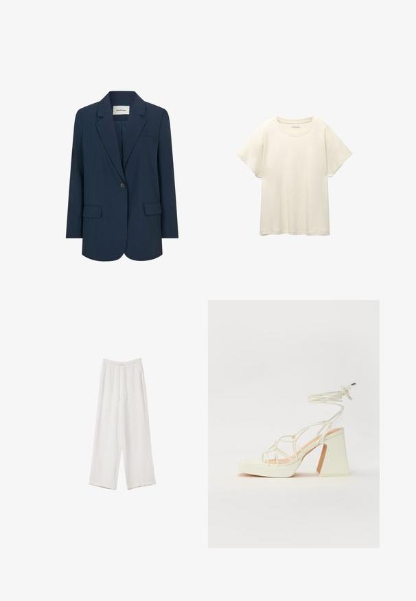 Tamno plavi sako od glatkog materijala, s jednim dugmetom, reverima s udubljenjem i dva prednja dzepa. Strukturirani i krojeni dizajn.; Svijetlo bež majica kratkih rukava s okruglim izrezom, izrađena od meke, glatke tkanine. Karakterizira je opušteni kroj i ravni rub.; Bijele hlače širokih nogavica napravljene od lagane tkanine. Imaju elastičan pojas s ušicom i bočne džepove. Glatka tekstura.; Bijela sandala na visokoj potpetici s debelim petom, s remenom i vezanjem oko gležnja. Glatka tekstura s platformom sprijeda za dodatnu visinu.