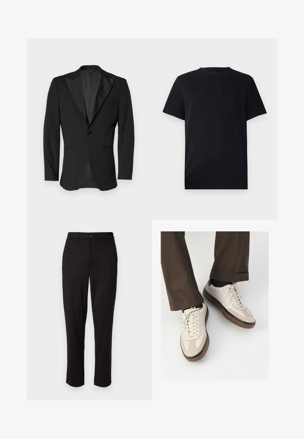 Sacou de smoking negru cu rever din satin, închidere cu un singur nasture, două buzunare frontale și un slit în spate. Textură netedă.; Tricou negru cu mânecă scurtă, fabricat din bumbac neted, având un guler tip crew și o croială clasică, fără modele sau elemente hardware vizibile.; Pantaloni negri dintr-un material ușor, cu croială dreaptă, închidere cu nasture în față, bucle pentru curea și buzunare pe laterale.; Adidași bej cu un vârf din suede texturat, laterale din piele netedă și o talpă din cauciuc maro. Șireturile și detalii de cusătură subtilă incluse.