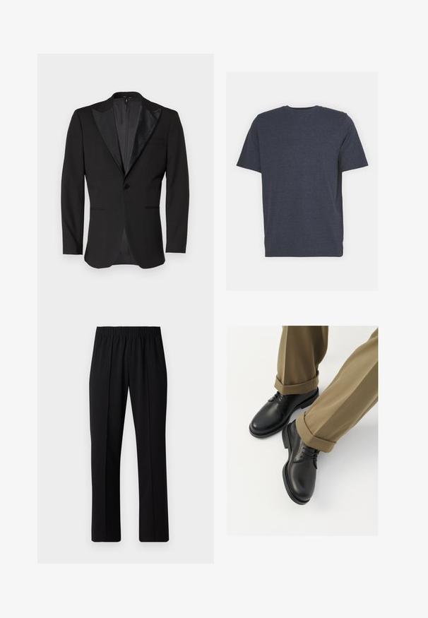 Mustvalge ülikonnajakk satiinist terava kraega, ühe nupuga kinnitamine, kaks esi-taskut ja vent taga. Sile tekstuur.; Tumed sinine ümar kaelusega T-särk, mis on valmistatud pehmest puuvilla segamisel põhinevast kangast, lühikeste varrukatega ja tavalise lõikega. Ilma nähtavate mustrite või aktsentideta.; Mustad, elastse puusärgid sirge säärega, mis on sileda tekstuuriga ja ilma nähtavate mustrite või riistadega.; Mustad mustad naha kingad, millel on sile viimistlus, sidemed ja ümar nina, on kombineeritud üleskeeratud khaki pükstega.