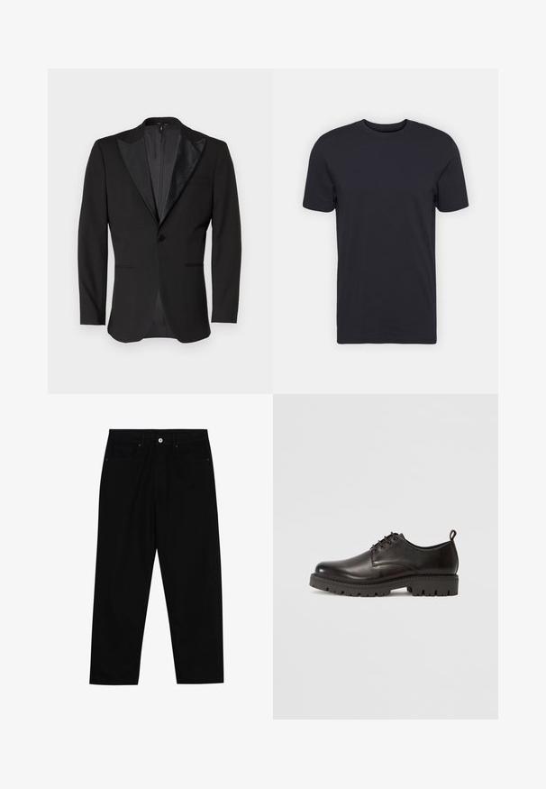 Μαύρο σακάκι με σατέν κορυφή λεπίδων, κλείσιμο με ένα κουμπί, δύο μπροστινές τσέπες και αεραγωγό στην πλάτη. Λείος υφή.; Μαύρη βαμβακερή μπλούζα, κοντά μανίκια, στρογγυλή λαιμόκοψη, μονόχρωμη, ελαφρύ ύφασμα, λεία υφή, χωρίς ορατά σχέδια ή γραφικά.; Μαύρο τζιν παντελόνι με ίσια γραμμή, στυλ πέντε τσεπών και κλείσιμο με κουμπί μπροστά. Απαλή υφή με ελάχιστες ραφές.; Μαύρες δερμάτινες παπούτσια με κορδόνια, με λείο φινίρισμα, στρογγυλή μύτη, χοντρή καουτσούκ σόλα με μοτίβο, και μικρή θηλιά πίσω.