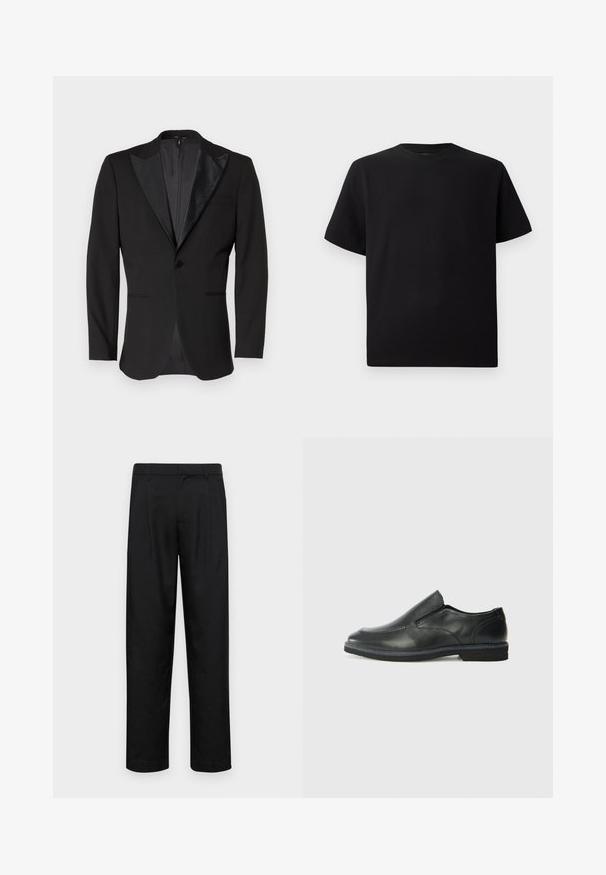 Sacou de smoking negru cu rever din satin, închidere cu un singur nasture, două buzunare frontale și un slit în spate. Textură netedă.; Tricou negru cu mânecă scurtă, realizat dintr-un material texturat, cu decolteu rotund și o croială relaxată. Simplu, fără modele sau accente.; Pantaloni negri dintr-un material neted, cu un design drept, două pliuri frontale și un tiv standard cu bucle pentru curea.; Pantof de piele neagră, tip slip-on, cu un superior neted, accente cusute, vârf rotunjit și un toc jos din cauciuc. Talpa are un profil minim de aderență.