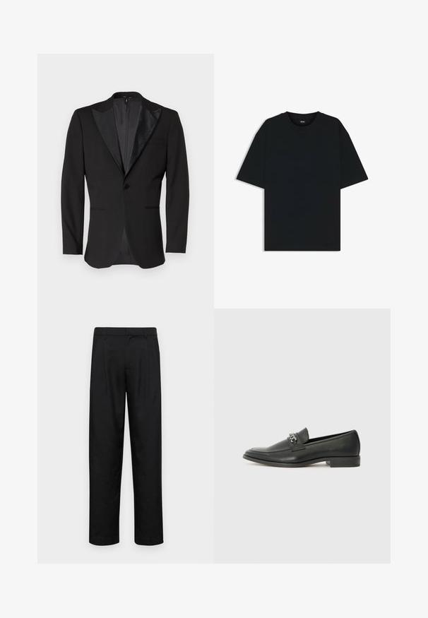 Schwarze Smokingjacke mit Satin-Pikeltaschen, einreihiger Knopfverschluss, zwei Fronttaschen und einem Schlitz hinten. Glatte Textur.; Schwarzes Baumwoll-T-Shirt mit rundem Halsausschnitt und kurzen Ärmeln. Verfügt über einen lockeren Schnitt und ein schlichtes Design ohne Muster oder Akzente.; Schwarze Hose aus glattem Stoff, mit geradem Bein Design, zwei vorderen Falten und einem Standardbund mit Gürtelschlaufen.; Schwarzer Lederloafer mit glatter Oberfläche, ausgestattet mit einer gesteppten Gestaltung und einem dekorativen Metallkettendetail über dem Vorderblatt. Flacher Absatz.