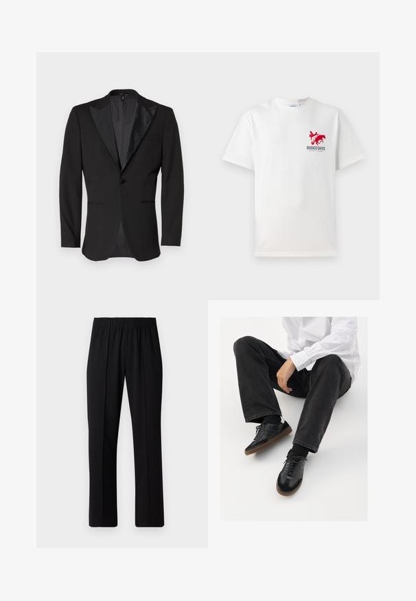 Black tuxedo jacket with satin peak lapels, single button closure, two front pockets, and a vent at the back. Smooth texture.; White cotton t-shirt featuring a red cowboy and horse graphic on the left chest with "RODEO DAYS" text beneath the design.; Black, elastic-waist trousers with a straight-leg design, featuring a smooth texture and no visible patterns or hardware.; Black sneakers with a smooth and textured upper, featuring a rubber sole and dark laces. Paired with black jeans and a white striped shirt.