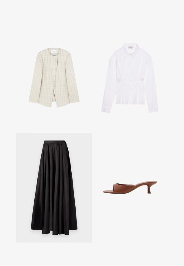 Beige Blazer mit kariertem Muster, runder Ausschnitt, zwei Fronttaschen und einem dekorativen Knopf. Glatte Textur.; Weiße Bluse mit langen Ärmeln, klassischem Kragen, vorderer Knopfleiste und gerafftem Seitendetail. Glattes Material mit taillierter Form.; Schwarzer Maxikilt aus glattem Stoff, mit gerafftem Bund, voluminöser A-Linie-Silhouette und minimalistisches Design ohne sichtbare Beschläge.; Braune offene Absatzmules mit glatter, matter Oberfläche, die ein geschwungenes Design und einen transparenten, verjüngten Absatz aufweisen.