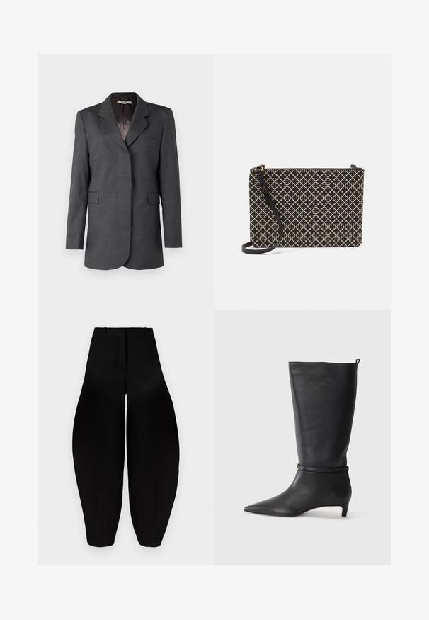 Gray blazer made of textured fabric, featuring a notched collar, single pocket, and two front flap pockets with a straight cut.; Black turtleneck sweater made of soft fabric, featuring ribbed accents at the collar and cuffs, with a relaxed fit and side slits.; Black wide-leg trousers with a high waist, pleated front, and tapered ankles. Made from smooth fabric with a matte finish.; Black leather knee-high boot with a pointed toe, accented by a circular strap around the ankle and a low, tapered heel. Smooth texture.; Black and beige patterned handbag with a rectangular shape, featuring a crosshatch design, a zip closure, and a detachable black strap.