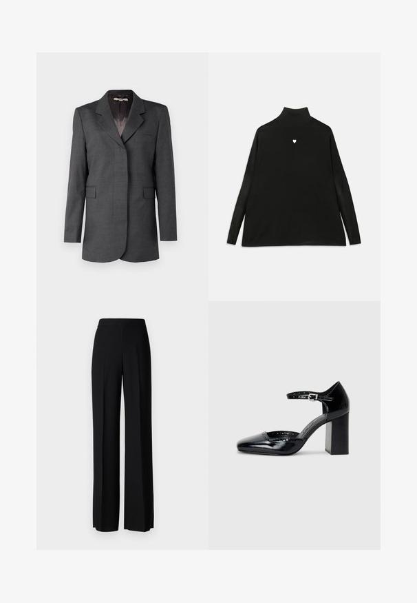 Pelēks žakets, izgatavots no teksturēta auduma, ar iemauktu apkakli, vienu kabatu un divām priekšējām kabatām ar klapi, taisnas griezuma.; Melnā kūka ar garām piedurknēm, kurai uz krūts ir neliels balts sirds simbols. Mīksts audums un brīva piegriezuma.; Melni platleği bikses ar gludu tekstūru, ar augstu jostasvietu un centrālajām krokām. Nav redzamu rakstu vai aparatūras detaļu.; Melna lakota ādas augstpapēžu kurpes ar kvadrātu purngalu, potītes siksniņu un masīlu papēdi. Iekļauj perforētu apdari gar malu.