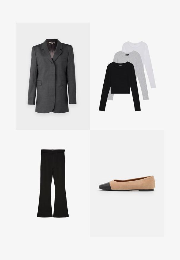 Sivi sako izrađen od teksturiranog materijala, s ovratnikom sa rezom, jednim džepom i dva prednja džepa s preklopom, sa ravnim krojem.; Tri dugih rukava posložena: crna, siva i bijela. Svaka ima okrugli izrez i skrateni kroj s glatkom, laganom tkaninom.; Crne hlače na tregere od rastezljivog materijala. Imaju širok pojas i glatku teksturu, s uskim krojem koji se širi na rubu.; Bež balerinke od suede materijala s crnim kožnim zaobljenim vrhom, niskom potpeticom i glatkom površinom, s minimalnim šavovima i čistim dizajnom.