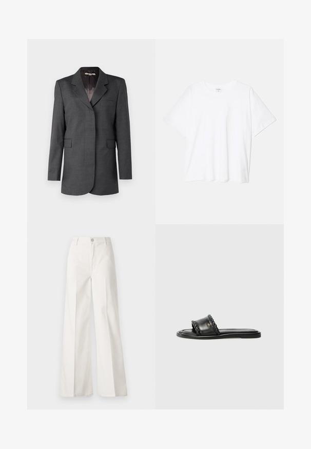 Sivý blejzer vyrobený z textúrovaného materiálu, s rázštepovým golierom, jednou náprsníkovou kapsou a dvoma prednými klopovými vreckami s rovnými rezačkami.; Biely bavlnený tričko s krátkymi rukávmi, okrúhlym výstrihom, voľným strihom a prešitým lemom. Štítok viditeľný na vnútornom krku.; Biele široké nohavice vyrobené z bavlny s hladkou textúrou. Obsahujú predný gombík, zips a dizajn so štyrmi vreckami.; Čierne kožené sandále s tkaným remienkom, plochou podrážkou a elegantným dizajnom. Hladký povrch a minimalistický profil.