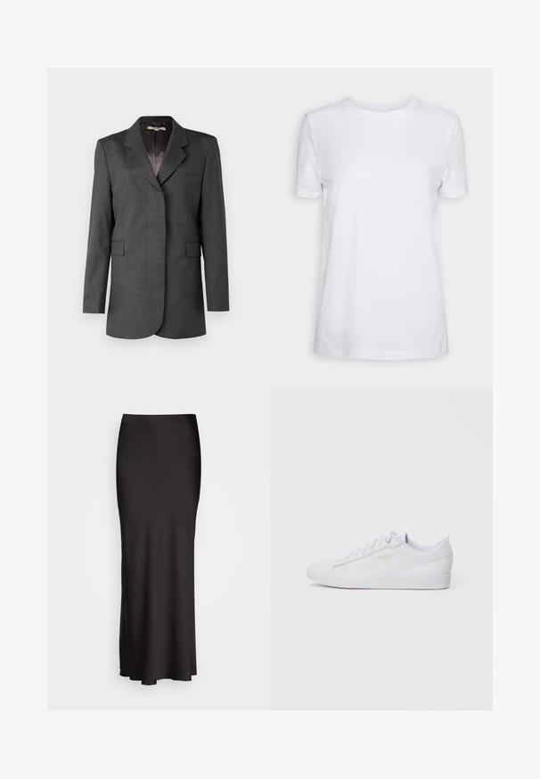 Hallide hall koos tekstureeritud kangast, millel on lõikega krae, üks tasku ja kaks esiflapitaskut, otse lõige.; Valge lühikeste varrukatega T-särk, mis on valmistatud puuvillast. Ümmargune kaelus, sile tekstuur ja ilma nähtavate mustrite või aktsentideta. Üksikasjalik stiil.; Mustast, põrandani ulatuvast satiinirest, millel on sile tekstuur, sobituv vöökoht ja A-tähe siluett, ilma nähtavate kaunistuste või mustriteta.; Valged madalad Puma tossud, mis on varustatud nööridega esiosas, diskreetse brändingu ka külgedel ja tallal ning sujuva sünteetilise ülemise osaga igapäevaseks kandmiseks.