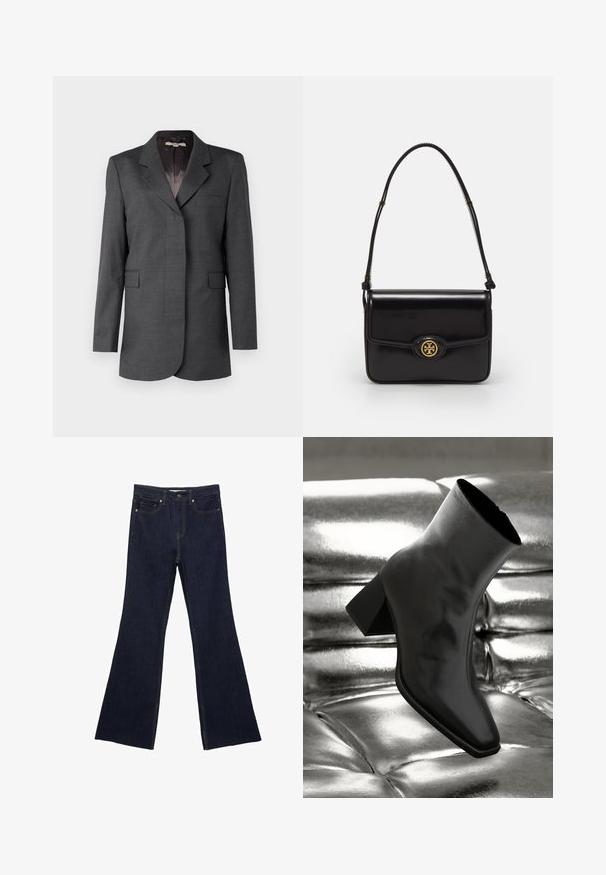 Šedý blazer vyrobený z texturované tkaniny, s klopovým límcem, jednou kapsou a dvěma předními klopovými kapsami se střihem rovně.; Černý žebrovaný top bez rukávů s kulatým výstřihem a vyšívaným logem v bílé barvě. Materiál má hladkou texturu a těsný střih.; Tmavě modré denimové zvonové džíny s klasickým pětikapsovým designem a viditelným švem. Materiál má hladkou strukturu s minimálním vyblednutím.; Černá kotníková bota vyrobená z lesklého materiálu se čtveratou špičkou a zúženým podpatkem, umístěná na lesklém stříbrném prošívaném pozadí.; Černá kožená kabelka obdélníkového tvaru, zlaté kování, přední klopa a kulatý akcent loga. Obsahuje jediný nastavitelný popruh.