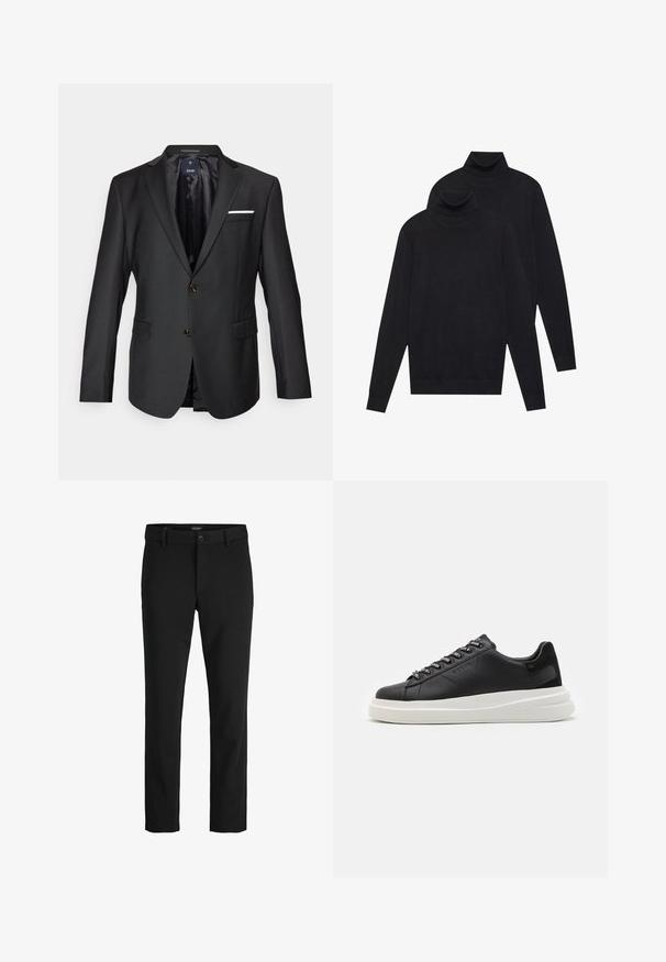 Blazer nero realizzato in tessuto liscio con rever a punta, due bottoni marroni, due tasche frontali e un fazzoletto bianco come accentuazione.; Due maglioni a collo alto neri a maniche lunghe, lavorati a maglia semplice, impilati con uno leggermente dietro l'altro su uno sfondo bianco.; Pantaloni neri realizzati in un tessuto elegante, con un design classico, taglio dritto, chiusura frontale con bottone e tasche laterali.; Sneaker in pelle nera con suola in gomma bianca, dotato di lacci piatti e occhielli brandizzati. Texture morbida con un accento laterale a contrasto.