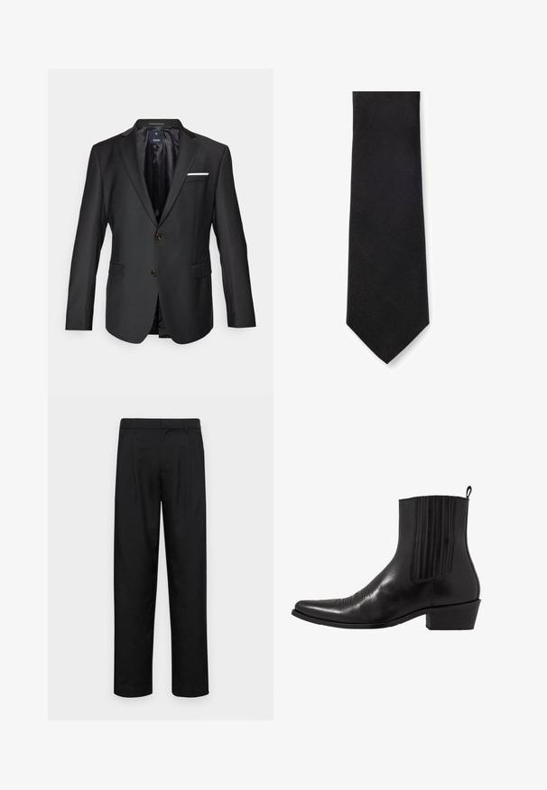 Black blazer made of smooth fabric featuring notched lapels, two brown buttons, two front pockets, and a white pocket square accent.; White long-sleeve shirt made of smooth fabric, featuring a classic collar, button front, and subtle embroidered logo on the bottom left.; Black trousers made of smooth fabric, featuring a straight-leg design, two front pleats, and standard waistband with belt loops.; Black leather ankle boot with a pointed toe, elastic side panels, vertical stitching accents, and a low block heel.; Black tie with a textured diagonal pattern, narrow shape, and pointed tip. Made from a smooth fabric, suitable for formal occasions.