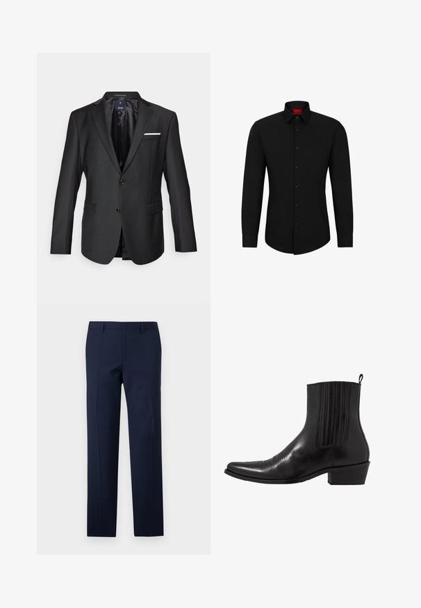 Svart kavaj i slätt tyg med snedskurna slag, två bruna knappar, två framfickor och ett vitt näsduk som accent.; Svart långärmad skjorta med knäppning fram, klassisk krage och rundad nederkant; har svarta knappar och en röd logotyp inuti kragen.; Marinblå byxor med skräddarsydd passform, som har en slät textur, skarpa veck och en platt framsida. Dold dragkedjestängning.; Svart läderankelboot med spetsig tå, elastiska sidopaneler, vertikala sömnadsdetaljer och en låg blockklack.