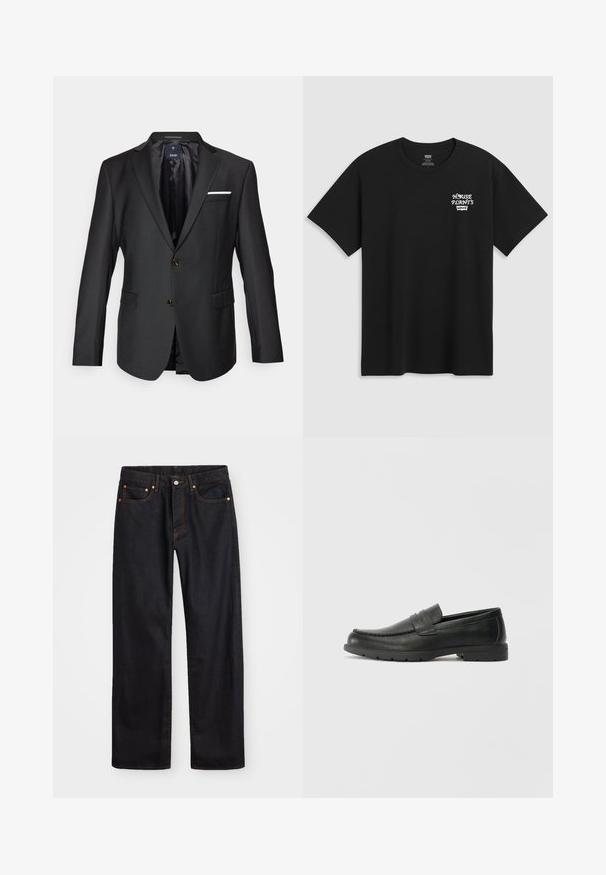 Blazer nero realizzato in tessuto liscio con rever a punta, due bottoni marroni, due tasche frontali e un fazzoletto bianco come accentuazione.; T-shirt in cotone nero con stampa sul petto che recita "HOUSE PLANTS" in carattere stilizzato bianco, con "Levi's" sotto. Collo a giroclassico.; Jeans neri in denim dritto da uomo con cinque tasche e cuciture arancioni, chiusura con bottone e zip sulla vita anteriore.; Mocassini neri in pelle con una finitura liscia, parte superiore in stile mocassino, dettagli cuciti e suola in gomma. Design classico con tacco basso.