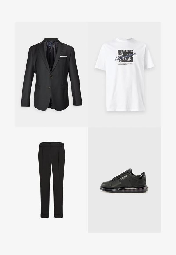 Blazer negro de tejido liso con solapas de muesca, dos botones marrones, dos bolsillos frontales y un pañuelo blanco como acento.; Camiseta de algodón blanca con un diseño gráfico en blanco y negro que incluye texto. Manga corta y escote de tipo crew.; Pantalones negros con cintura elástica, con un diseño de pierna recta y dobladillos enrollados. Hechos de una tela suave y Woven sin patrones.; Zapatilla negra con parte superior de cuero liso, puntera redondeada y diseño con cordones. Presenta una suela clara y acolchada con un degradado oscuro.