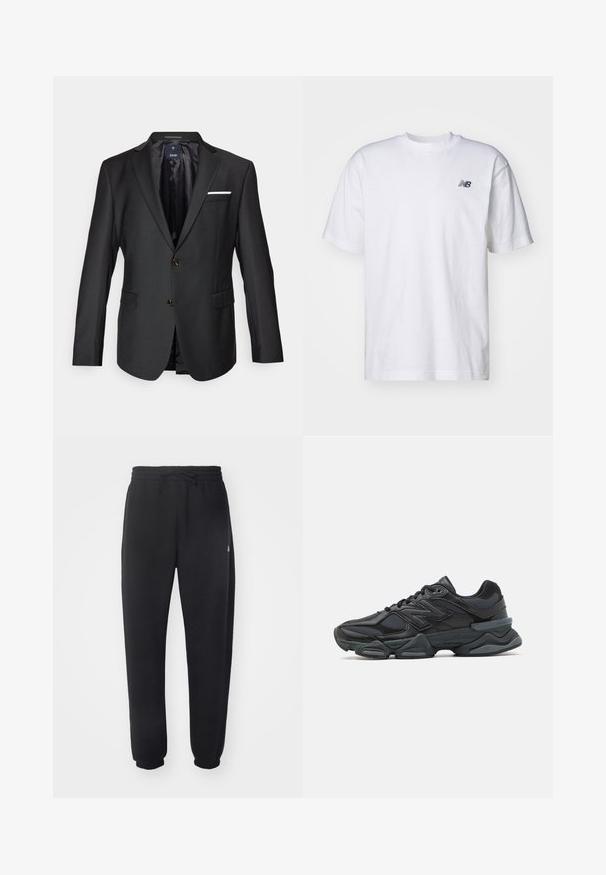 Sacou negru dintr-un material neted, cu rever înclinate, două butoane maro, două buzunare frontale și un accent de batistă albă.; Cămașă albă cu mânecă scurtă și gât rotund, cu un mic logo Negru New Balance pe partea stângă a pieptului, pe un fundal simplu.; Pantaloni de trening negri, dintr-un material moale, cu talie elastică, șnur de ajustare și manșete tapered, având un logo discret pe lateral.; Pantofari de alergare negri, cu un amestec de plasă și materiale sintetice, talpă masivă, design curbat și branding proeminent pe lateral.