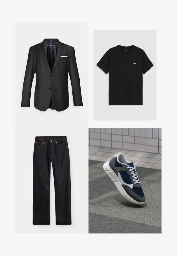 Sort blazer lavet af glat stof med spidse klapper, to brune knapper, to fremadskuende lommer og et hvidt lommetørklæde som accent.; Sort bomulds t-shirt med korte ærmer, rund halsudskæring, har et lille hvidt Levi's-logo på brystet, glat tekstur, klassisk pasform.; Mænds lige ben sorte denim jeans med fem lommer og orange syninger, knap- og lynlåslukning foran på taljen.; Sneakers med en overdel i marineblå mesh, grå suedeteksturer, hvid gummisål og flade hvide snørebånd, designet til komfort og åndbarhed.