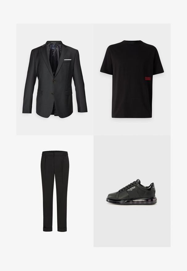 Mustan bleiserin, joka on valmistettu sileästä kankaasta, jossa on notched-lapelit, kaksi ruskeaa nappia, kaksi etutaskua ja valkoinen taskuliina.; Lyhythihainen musta T-paita, joka on valmistettu puuvillasta. Vasemmalla puolella on pieni punainen logo. Klassinen pyöreä kaula-aukko ja suora malli.; Mustat housut, joissa on joustava vyötärö, suoran lahkeiden muotoilu ja käännetyt hihnat. Valmistettu sileästä, kudotusta kankaasta ilman kuvioita.; Mustat lenkkarit, joissa on sileä nahkapäällinen, pyöreä kärki ja nauhakiinnitys. Varustettu kirkkaalla, pehmeällä pohjalla, jossa on tumma gradientti.