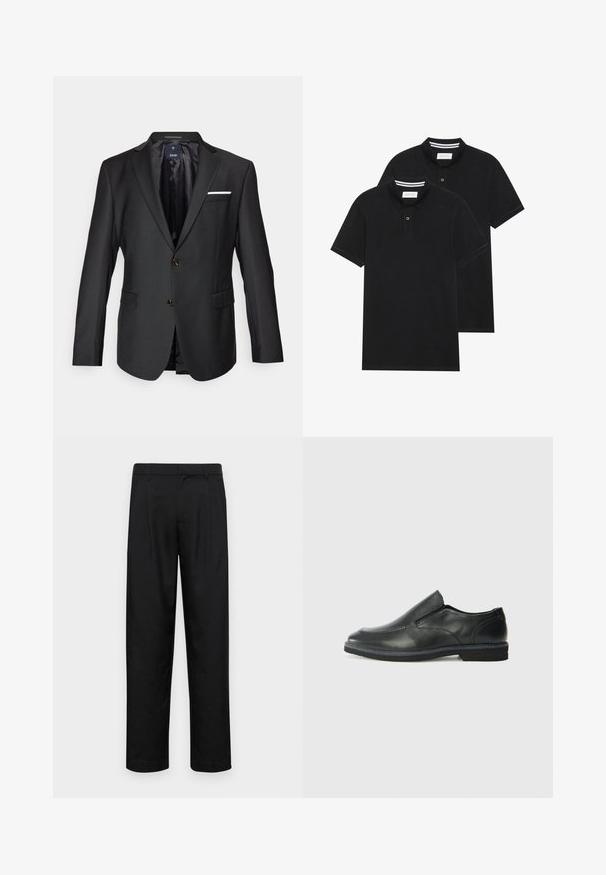 Black blazer made of smooth fabric featuring notched lapels, two brown buttons, two front pockets, and a white pocket square accent.; Two black polo shirts, short-sleeved, cotton material, featuring a classic collar, two-button placket, and white striped accents inside the collar.; Black trousers made of smooth fabric, featuring a straight-leg design, two front pleats, and standard waistband with belt loops.; Black leather slip-on shoe with a smooth upper, stitched accents, rounded toe, and a low rubber heel. Sole features minimal tread.