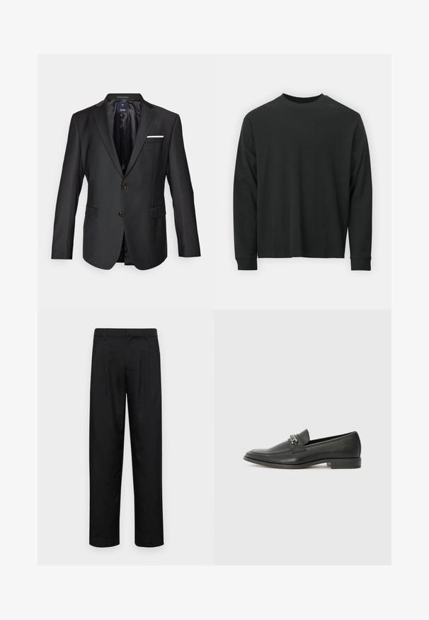 Sacou negru dintr-un material neted, cu rever înclinate, două butoane maro, două buzunare frontale și un accent de batistă albă.; Tricou negru cu mânecă lungă, realizat din bumbac, cu guler rotund, croială lejeră și manșete ribbate. Textură netedă, fără modele vizibile.; Pantaloni negri dintr-un material neted, cu un design drept, două pliuri frontale și un tiv standard cu bucle pentru curea.; Pantofii negri din piele cu un finisaj neted, având un design cusut și un accent decorativ de lanț metalic peste partea de sus. Toc plat.