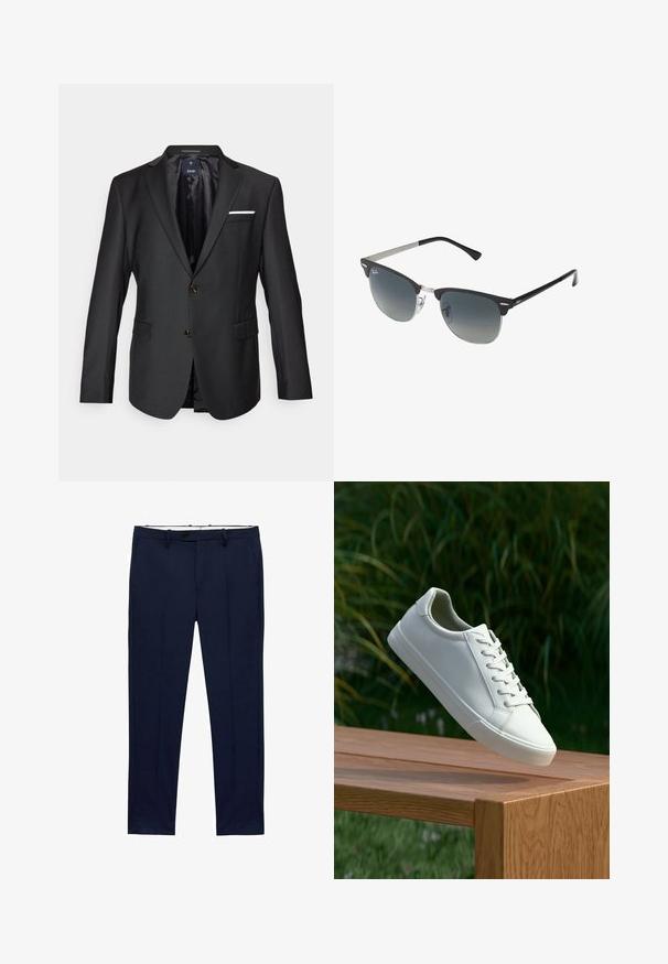 Blazer nero realizzato in tessuto liscio con rever a punta, due bottoni marroni, due tasche frontali e un fazzoletto bianco come accentuazione.; T-shirt bianchi a maniche corte impilati, realizzati in cotone. Presentano un collo rotondo e un taglio dritto. Il tessuto appare liscio senza pattern.; Pantaloni blu navy con vestibilità slim e motivo a righe sottili. Presentano una chiusura con zip, passanti per cintura e tasche frontali. Tessuto dalla texture liscia.; Sneaker bianco con lacci sospeso sopra una panchina di legno, con fogliame verde sullo sfondo, che mette in mostra il design e la texture della scarpa.; Occhiali da sole neri e argento con forma a occhio di gatto, lenti sfumate e dettagli metallici sulla montatura. Aste in plastica con punte grigie.