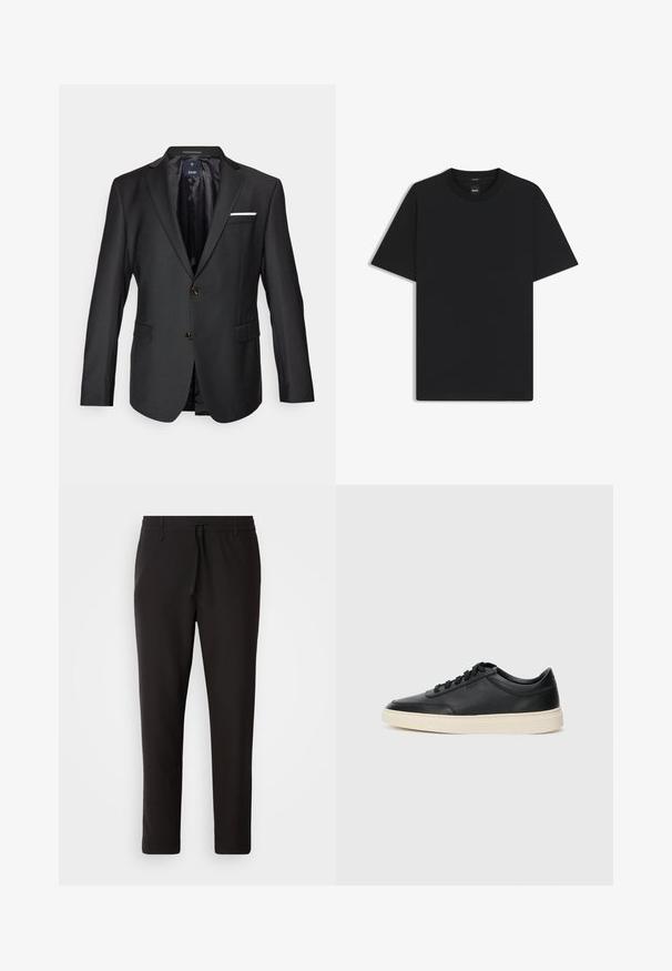 Black blazer made of smooth fabric featuring notched lapels, two brown buttons, two front pockets, and a white pocket square accent.; Black short-sleeve T-shirt made from a smooth cotton blend, featuring a crew neckline and a minimalistic design with no patterns or accents.; Black jogger pants made of smooth fabric. Feature an elastic waistband with a drawstring, tapered legs, and no visible pockets. Simple design.; Black low-top leather sneaker with black laces and off-white sole shown in side profile on white background.