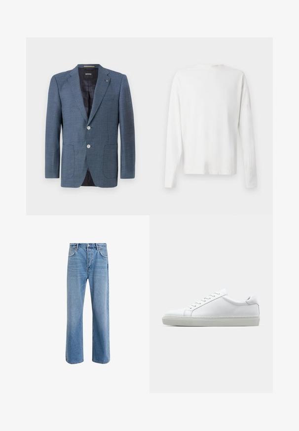 Niebieska marynarka w wzory z teksturowanej tkaniny, zapinana na dwa guziki, z kołnierzem w kształcie notcha i dwoma przednimi kieszeniami. Posiada podszewkę dla dodatkowego komfortu.; Biała, bawełniana koszula z długim rękawem, okrągłym dekoltem, bocznymi rozcięciami na dole oraz gładką fakturą, wyeksponowana z tyłu.; Jasnoniebieskie dżinsy o prostym kroju, pięć kieszeni, zapięcie na guzik, minimalne blaknięcia i kontrastowe wykończenia szwów.; Białe sneakersy z gładką skórzaną cholewką i niskim profilem. Posiadają okrągły nos, sześć dziurek na sznurówki oraz teksturowaną gumową podeszwę.