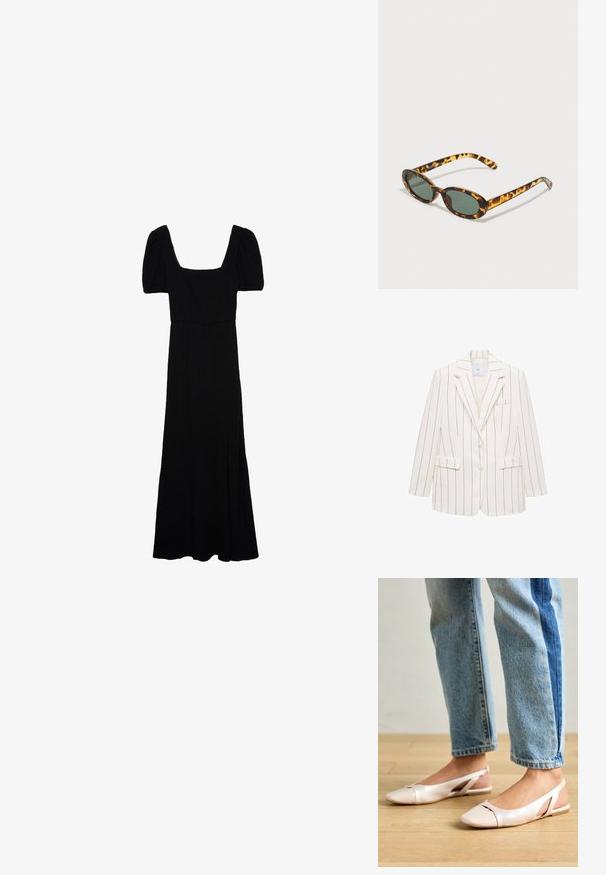 Bílý blazer s proužkvaným vzorem, přizpůsobeným designem, zapínáním na jeden knoflík, klopami a dvěma předními kapsami a kapsou na prsu.; Černé maxi šaty se čtvercovým výstřihem, krátkými nabíranými rukávy a měkkou, splývavou látkou. Obsahují boční rozparek pro snadný pohyb.; Světle růžové slingback baleríny s špičatou špičkou, vyrobené z hladkého koženému materiálu. Obsahují vystřihovací detaily po stranách a plochý podpatek.; Tortoise shell sluneční brýle s oválnými obrubami, tmavě zelenými skly a štíhlými straničkami. Obsahují decentní logo na straně.