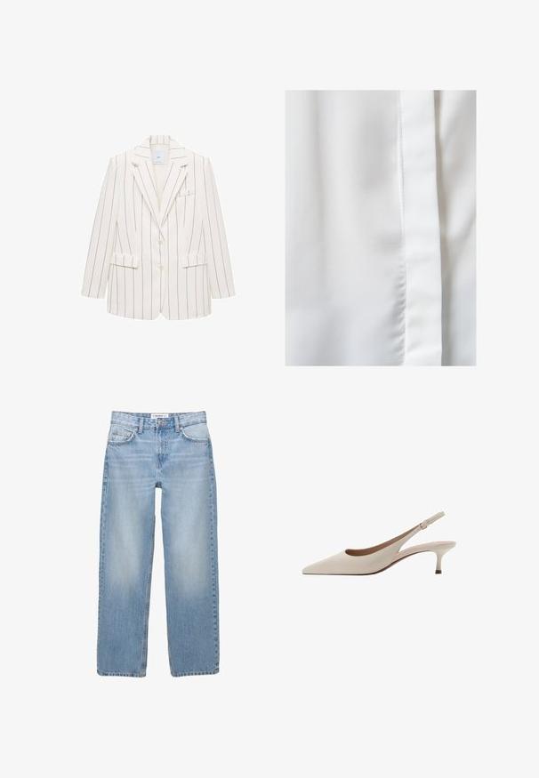 Valkoinen raidoitettu bleiseri, jossa on muotoiltu malli, yksinkertainen nappisulku, viistetyt kaulukset, kaksi etutaskua ja rintatasku.; Valkoinen kangas, jossa on sileä ja satiininen rakenne, jossa on hienovarainen kiilto ja pystysaumadetail oikealla reunalla.; Vaaleansiniset farkut, joissa on suora lahjemuoto, viisi taskua ja näkyvät ompeluyksityiskohdat. Kangas on pehmeää ja hieman haalistunutta.; Beige avokkaat, joissa on terävä kärki ja matala, löysä kanta. Valmistettu sileästä nahasta, minimalistisella suunnittelulla ja säädettävällä hihnalla.