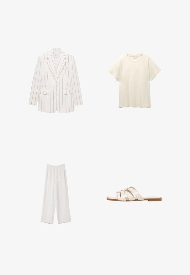 Valkoinen raidoitettu bleiseri, jossa on muotoiltu malli, yksinkertainen nappisulku, viistetyt kaulukset, kaksi etutaskua ja rintatasku.; Vaaleanbeige lyhythihainen t-paita, jossa on pyöreä kaula-aukko, valmistettu pehmeästä ja sileästä kankaasta. Ominaisuuksina rento mitta ja suora helma.; Valkoiset leveälahkeiset housut kevyestä kankaasta. Ominaisuuksiin kuuluu elastinen vyötärö, jossa on nauhakuuluma ja sivutaskut. Sileä rakenne.; Tason vaaleanruskealla kumipohjalla, jossa on kolme päällekkäistä valkoista nahkaremmiä ja pieni satiininen rusetti keskellä.