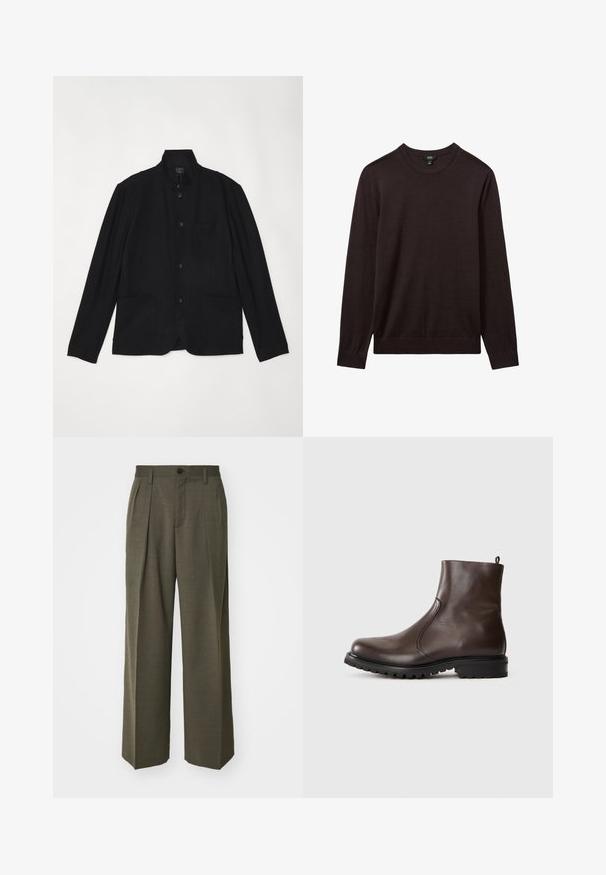 rag & bone JAPANESE PROSPECT - Blazere - black; Reiss Striktrøje - dark bordeaux; Filippa K WIDE TROUSERS - Bukser - driftwood; Brun læder ankelstøvle med en glat tekstur, elastiske sidepaneler, trækflig bagpå og en robust gummisål.