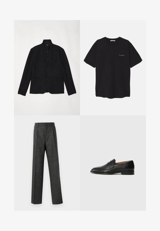 rag & bone JAPANESE PROSPECT - Sacou - black; Tricou din bumbac negru, cu guler rotund, mâneci scurte și un imprimeu alb cu logo pe partea stângă a pieptului. Design simplu, de culoare uniformă.; Pantaloni gri ajustați din țesătură texturată, prezentând două pliere frontale și un design drept. Fără buzunare vizibile sau ornamente.; Lofer din piele neagră, cu vârf rotund, detalii cusute subtile și toc jos, având o textură netedă și un design minimalist.