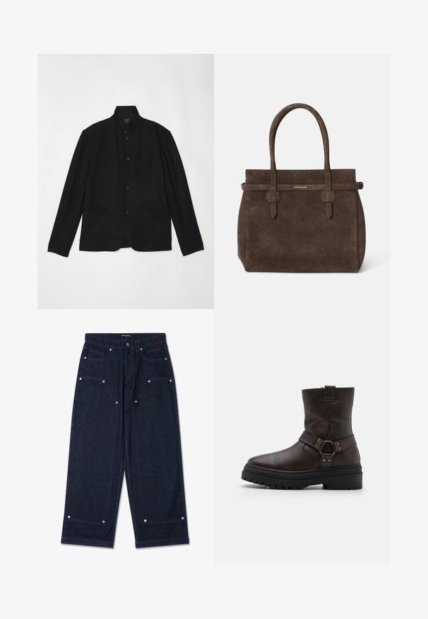 rag & bone JAPANESE PROSPECT - Blazer - black; Witte katoenen mouwloze tanktop met een ronde halslijn, met een gladde textuur en een aansluitende pasvorm, ontworpen voor casual gebruik.; Donkerdenim wijdvallende broek met twee voorkruiszakken, zilveren hardware details en contrasterende rode stitching. Voorzien van een knoopsluiting en merkembleem.; Bruine leren enkelboot met een vierkante neus, gespsaccenten en een dikke zwarte zool. Voorzien van een zijrits en een gestructureerd oppervlak.; Donkerbruin suède tote bag met dubbele handvatten en een horizontale strap met een klein gouden DSQUARED2 logo plaatje.