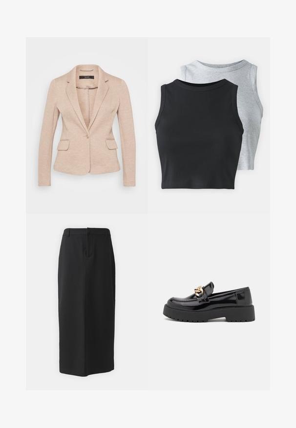 Bežinė švarkas su įpjovimais ant apykaklės, vienu mygtuko užsegimu ir dviem priekinėmis kišenėmis. Pagamintas iš minkštos, tekstūruotos medžiagos, turi pritaikytą siluetą.; Even&Odd Petite 2 PACK - Viršus - light grey/black; Juoda pieštuko sijonas, iki kelių, pagamintas iš lygaus audinio. Turi užpakalinį plyšį ir šonines kišenes, su paprastu dizainu ir neutralia spalva.; Juodi patentiniai odiniai loaferiai su masyviu juodu padu ir auksiniais detalėmis. Lygus paviršius ir apvalus pirštų dizainas.