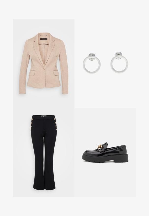 Beige blazer with notched lapels, single button closure, and two front pockets. Made of a soft, textured fabric with a tailored fit.; Even&Odd Petite 2 PACK - Top - light grey/black; Black flared trousers made from smooth fabric, featuring gold button accents along the waist for detail and a fitted silhouette.; Black patent leather loafers with a chunky black sole and gold hardware detailing. Smooth texture and rounded toe design.; Silver metal hoop earrings with a brushed texture, featuring a circular design and a clear post back for secure wear.