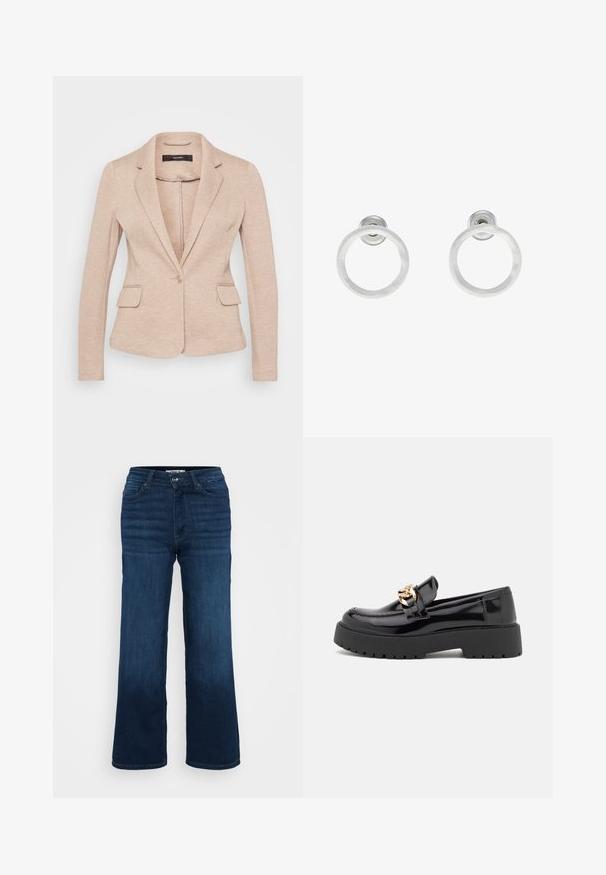 Béžový blejzer s klopovými límci, zapínaním na jeden gombík a dvoma prednými vreckami. Vyrobený z mäkkej, štruktúrovanej tkaniny s upraveným strihom.; Even&Odd Petite 2 PACK - Top - light grey/black; ONLY Petite ONLMADISON BLUSH WIDE - Široké nohavice - dark blue denim; Čierne lakované kožené mokasíny s masívnou čiernou podošvou a zlatými detailmi. Hladká textura a design so zaoblenou špičkou.; Strieborné kovové náušnice vo forme kruhov s brúsenou textúrou, so zaobleným dizajnom a priehľadným zarážkou pre bezpečné nosenie.