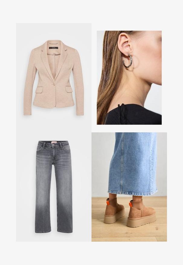 Bež blazer s žepki in naštetimi reverji, zapenjanjem na en gumb in dvema sprednjima žepoma. Narejen iz mehkega, teksturiranega blaga z natančnim krojem.; Even&Odd Petite 2 PACK - Top - light grey/black; Sivi traper hlače s ravnim krojem, pet žepov, rahlo zbledelo in z gumbom za zapiranje pri pasu.; Rjave suede platform čizme z elastičnimi stranskimi paneli in oranžnimi zankami, v kombinaciji s svetlobno denim krilom do kolen na lesenem tleh.; Srebrna obročasta uhana s polirano površino, ki vključuje majhne zlate poudarke in okroglo obliko, nošena na ušesnem lobu.