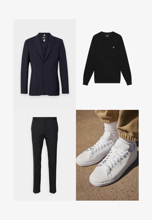 Mörkblå kavaj i slät tyg, med slagkrage, två knappar och sidofickor samt en bröstficka.; Svart bomullströja med långa ärmar och rund hals. Har en liten gul örnlogo på bröstet. Mjuk textur.; Svarta skräddarsydda byxor med rak passform, gjorda av ett slätt tyg. Har bältesöglor och veckdetalj framtill.; Vita lädersneakers med en slät yta, med en klassisk snörningsdesign, perforeringar för andningsförmåga och en texturerad gummisula.