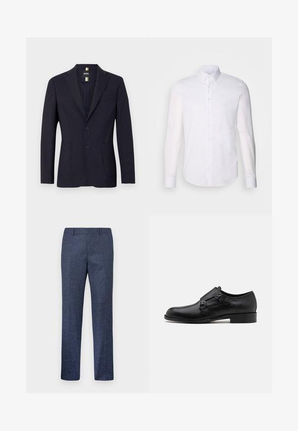 Granatowa marynarka wykonana z gładkiego materiału, z wyłogi, dwoma guzikami oraz bocznymi kieszeniami i jedną kieszenią na piersi.; Biała, długosleeve koszula zapinana na guziki z bawełny, z klasycznym kołnierzykiem, guzikami z przodu i minimalnymi detalami przeszycia.; Granatowe spodnie wykonane z teksturowanej tkaniny, z prostymi nogawkami, płaskim przodem i dwoma bocznymi kieszeniami. Brak widocznych wzorów lub akcentów.; Czarne skórzane buty do garnituru z podwójnymi klamrami, smukła sylwetka i okrągły czubek. Posiadają niski obcas i gładką fakturę.