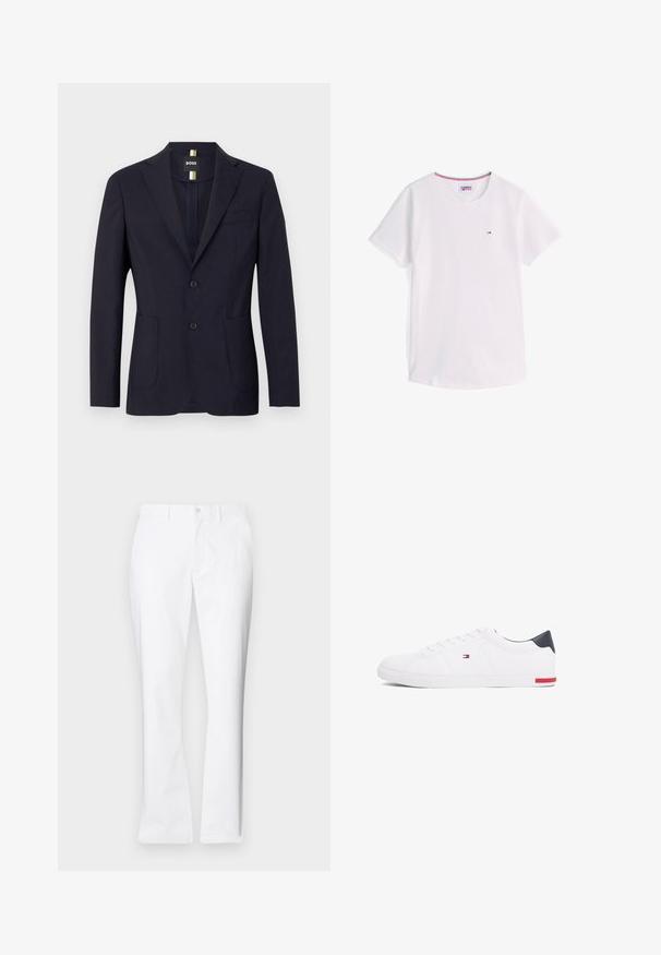 Tamsiai mėlynas švarkas, pagamintas iš lygaus audinio, su iškirptu apykakle, dviem mygtukais ir šoninėmis kišenėmis su viena krūtine kišene.; Baltas trumpomis rankovėmis, apvalia apykakle, medvilninis marškinėlis su mažąja Tommy Hilfiger logotipu krūtinėje ir raudonos, baltos bei mėlynos spalvų apdaila vidinėje apykaklės dalyje.; Balti medvilniniai kelnių su tiesiu pjūviu, priekinėmis kišenėmis, vieno mygtuko uždarymu ir lygiu paviršiumi.; Balti žemi kedai, pagaminti iš lygios odos. Yra tamsiai mėlynas kulno užsegimas ir raudona detalė ant pado. Šešios skylutės raišteliams.