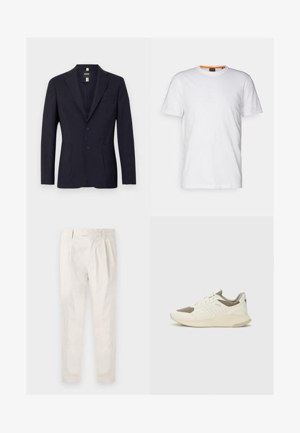 Tumed sinine ülikond, mis on valmistatud siledast kangast, millel on narmastatud krae, kaks nuppu ja küljetaskud koos ühe rinnataskuga.; Valge puuvillane T-särk ümmarguse kaelusega, lühikeste varrukatega ja rinna peal diskreetse reljeefse logoga. Siseetiketil on oranž detail.; Valged volditud püksid, mis on kohandatud sobivusega, sujuva tekstuuriga, vööloopidega ja kitsenevate jalgadega. Pole nähtavaid taskuid ega mustreid.; Valge ja heledat beeži värvi spordijalats, millel on õhuke võrkmaterjal, perforatsioonidega detailid ning tekstuuriga vahetald, millel on brändi logo kannaosas.