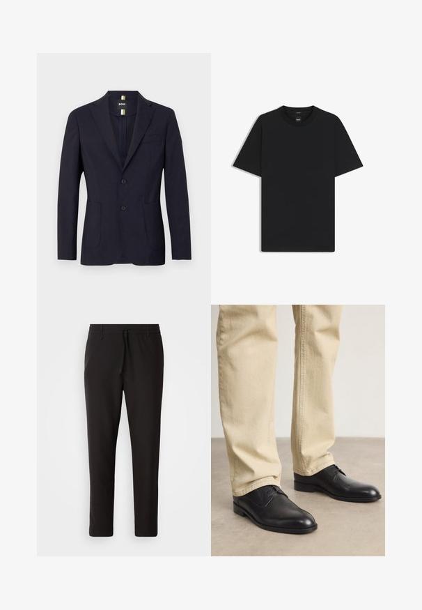 Granatowa marynarka wykonana z gładkiego materiału, z wyłogi, dwoma guzikami oraz bocznymi kieszeniami i jedną kieszenią na piersi.; Czarny t-shirt krótki rękaw wykonany z gładkiej mieszanki bawełny, z okrągłym dekoltem i minimalistycznym designem bez wzorów czy akcentów.; Czarne spodnie dresowe wykonane z gładkiego materiału. Posiadają elastyczny pas ze sznurkiem, zwężane nogawki oraz brak widocznych kieszeni. Prosty design.; Czarne skórzane buty na sznurówki z zaokrąglonym czubkiem, gładkim wykończeniem i subtelnymi detalami szycia, noszone z jasnobeżowymi spodniami.