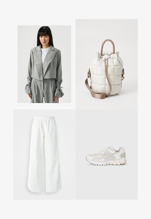 Laurella Žakete - light grey; Balta T-krekls ar zelta apdari, ar sarkanu šūnlietu Nike zvērs logotipu, tekstu "NIKE AIR" un mazu oranžu Nike birku uz apakšmalas.; Baltas, platais sporta bikses ar ribotu jostasvītru un smalku logotipa detaļu. Gluda auduma ar brīvu piegriezumu un sašaurinātu apakšdaļu.; Biežņu sporta apavi ar sietu un sintētiskām materiālām. Piedāvā teksturētu dizainu, mīkstu apkakli un ģeometriskus akcentus uz papēža.; Pīrāgojuma gaiši beidžs soma ar savilktu augšpusi, kas aprīkota ar bizīgām rokturiem un noņemamu siksnu. Gluda tekstūra ar maigu spīdumu.