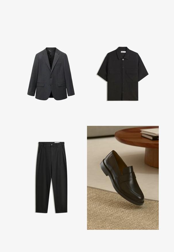 Blazer da uomo grigio scuro a un bottone con revers a punta, due tasche frontali a patta, una tasca sul petto e fodera interna nera.; Camicetta nera a maniche corte realizzata in tessuto con una trama liscia, presenta due tasche frontali, un colletto classico e chiusura con bottoni.; Pantaloni in cotone neri con una vestibilità rilassata, dotati di una vita classica, pieghe frontali e tasche laterali. Tessuto liscio senza fantasie.; Mocassino in pelle nera con finitura liscia, punta rotonda e una fascia decorativa sulla parte superiore. Tacco in gomma basso, posizionato su una superficie texture.