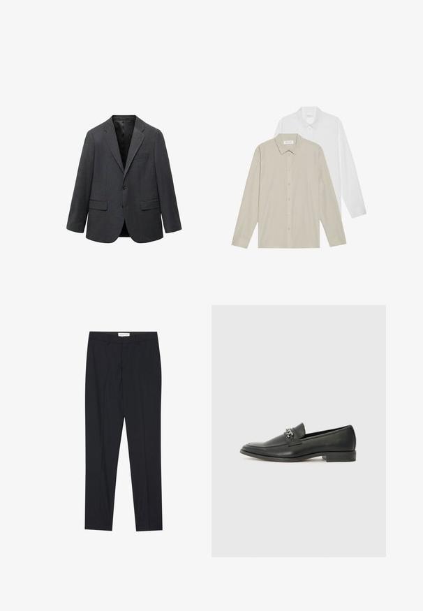 Temno siva moška blazer jakna z enojnim zapenjanjem, z odrezanimi reverji, dvema sprednjima žepoma s preklopom, enim žepom na prsih in črno notranjostjo.; Dve srajce z dolgimi rokavi: ena v belem blagu, druga v bež barvi s tankimi navpičnimi črtami. Obe imata ovratnike s gumbi in manšete.; Črne krojene hlače s ravnim sprednjim delom, redne kakovosti, izdelane iz gladkega materiala, z gubanjem in stranskimi žepi.; Črni usnjeni loafer z gladko površino, ki ima šivano zasnovo in dekorativni kovinski verižni naglas preko vampirja. Ravno peto.
