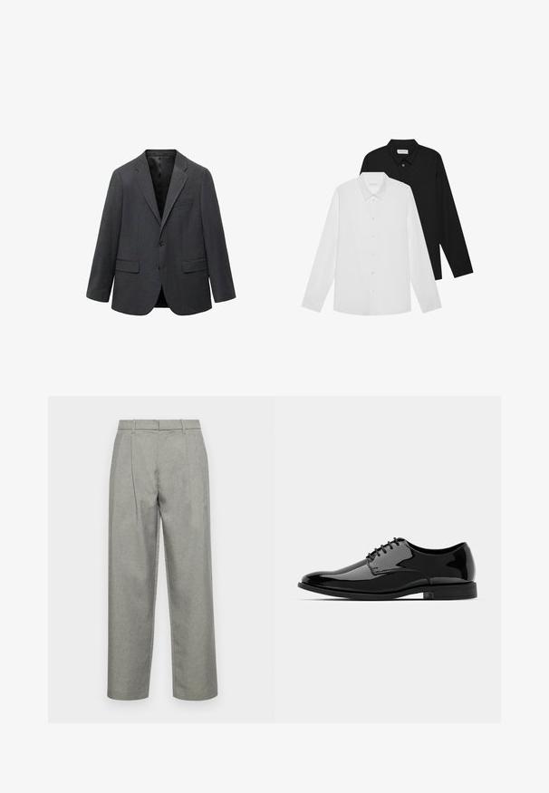 Tummanharmaa yksirivinen miesten bleiseri, jossa on terävät läpät, kaksi etupistettä, yksi rintatasku ja musta vuori.; Valkoiset ja mustat pitkähihaiset paidat, joissa on terävät kaulukset, napit edessä ja sileä kangas. Tunnisteet näkyvillä sisäkauluksessa.; Harmaat räätälöidyt housut, jotka on valmistettu teksturoidusta kankaasta, suoralla lahkeella, etuplepaleilla ja tavallisella vyötäröllä, jossa on vyölenkit.; Musta patentoitu mokkanahkakengät pyöreällä varpalla, nauhakuormausmalli ja sileä, kiiltävä pinta. Varustettu matalaprofiilisella kumipohjalla.