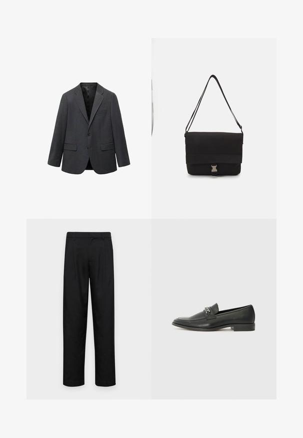 Czarnoszary, jednosządowy marynarka męska z klapami, dwoma przednimi kieszeniami z klapami, jedną kieszenią na piersi i czarną podszewką.; Czarna koszulka polo z krótkim rękawem, wykonana z teksturowanej, prążkowanej tkaniny, z dekoltem w kształcie litery V i prostym zakończeniem. Bez widocznych logo ani wzorów.; Czarne spodnie wykonane z gładkiego materiału, z prostą nogawką, dwoma fałdami z przodu oraz standardowym paskiem z wypustkami na pasek.; Czarne skórzane mokasyny o gładkim wykończeniu, z haftowanym wzorem i dekoracyjnym akcentem z metalowego łańcucha na wierzchu. Płaska pięta.; Czarna torba na ramię wykonana z gładkiego materiału, z klapą na złożeniu, srebrnymi zapięciami i regulowanym paskiem na ramię.